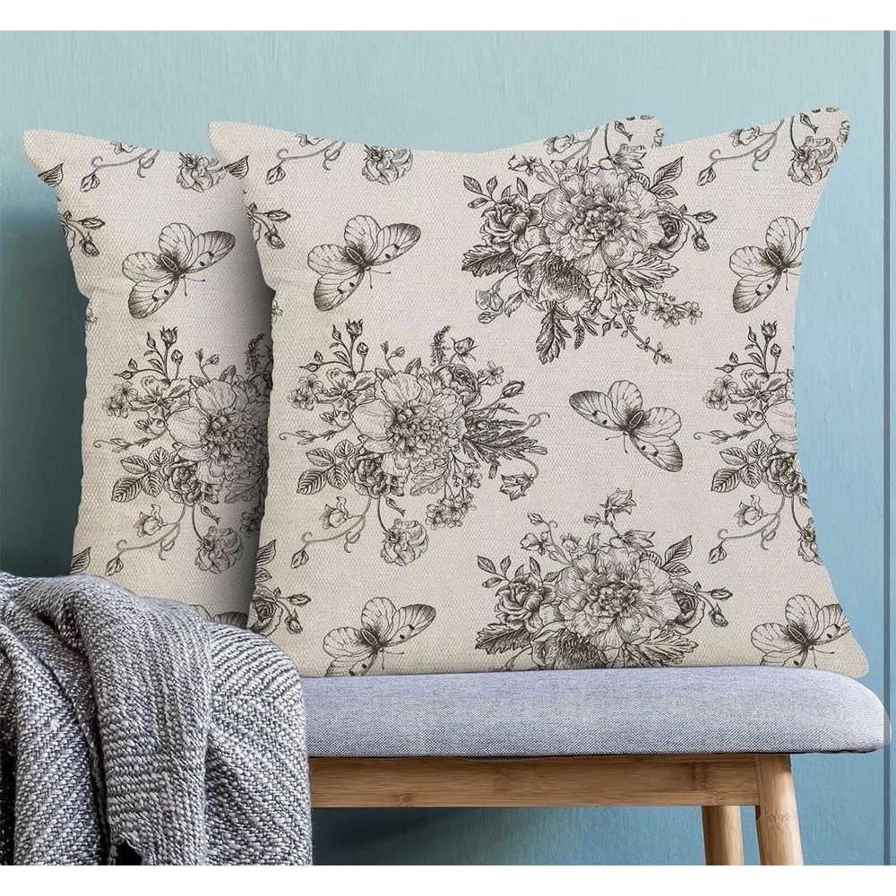 Chinoiserie Black Floral Pillow Covers 20x20 Inch Set of 2 - NEW - Picture 4 of 10